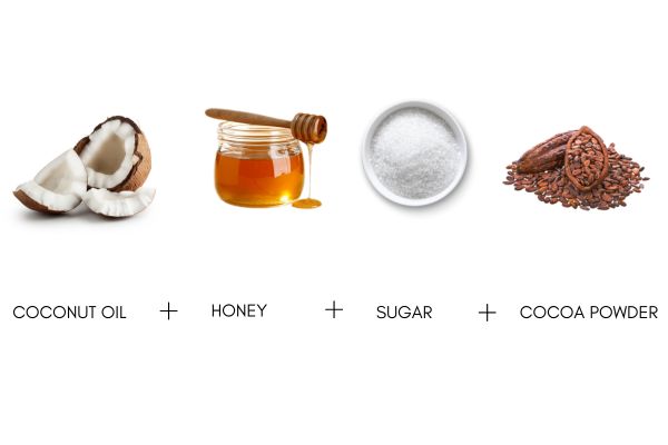 Coconut oil, honey, sugar and cocoa powder lip scrub