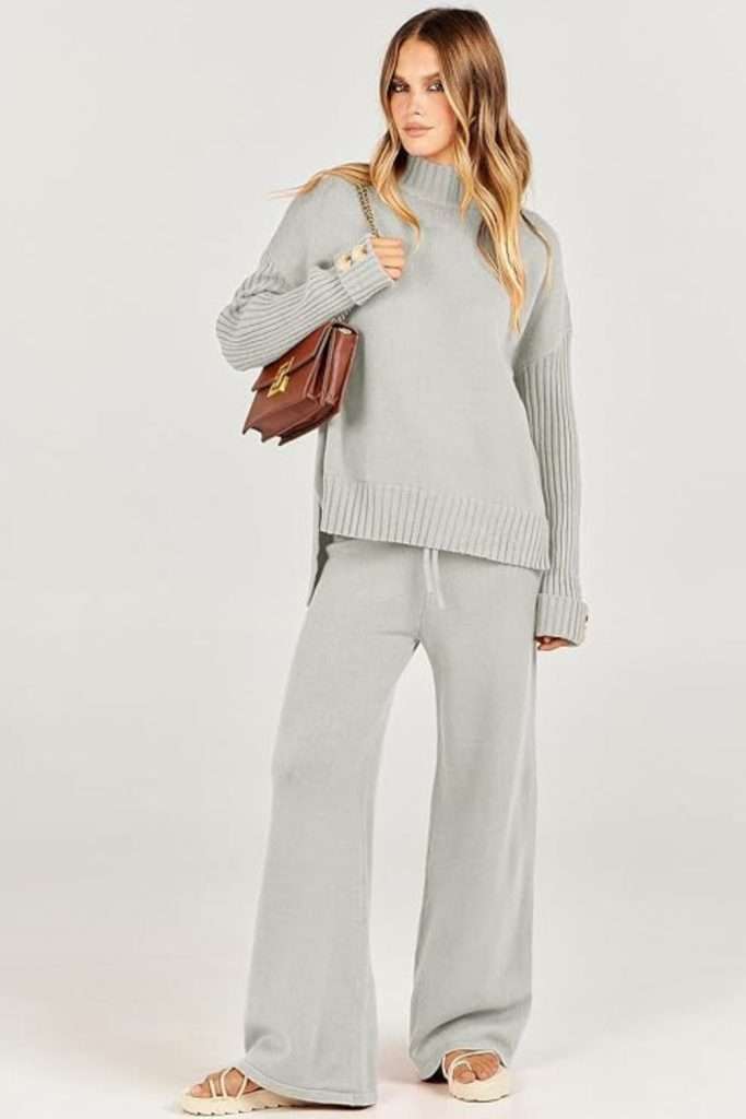 ANRABESS Women's Two Piece Outfits Sweater Sets Long Sleeve Knit Pullover and Wide Leg Pants Lounge Sets
