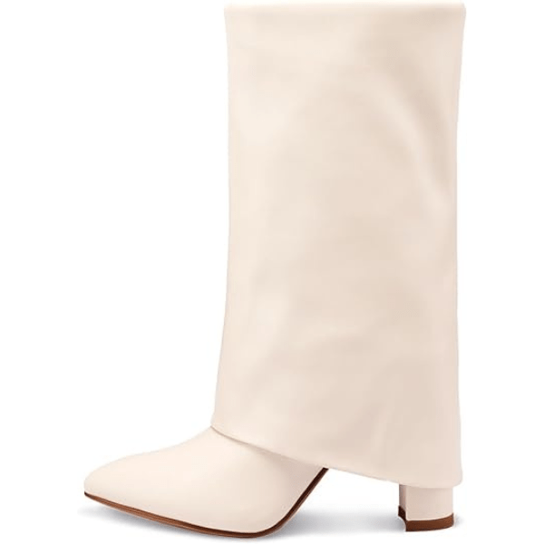 Vaslemuse Women's Mid-Calf Boots Fold Over Chunky Heel Pointed Toe Slouch Riding Boots
