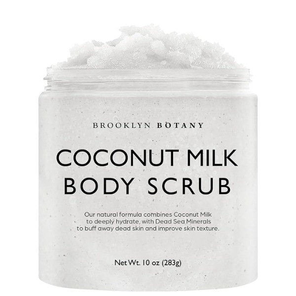 Brooklyn Botany Dead Sea Salt and Coconut Milk Body Scrub - Moisturizing and Exfoliating Body, Face, Hand, Foot Scrub - Fights Stretch Marks, Fine Lines, Wrinkles - Great Gifts for Women & Men - 10 oz
