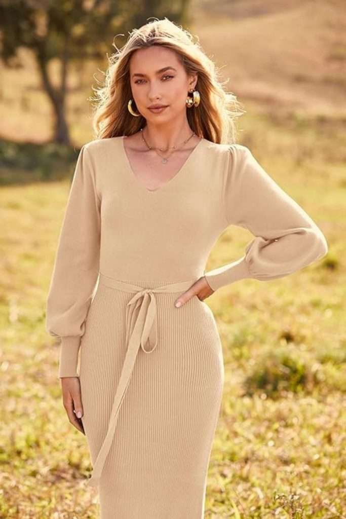 PRETTYGARDEN Women's 2023 Fall Knit Pullover Sweater Elegant Long Lantern Sleeve V Neck Maxi Dress
