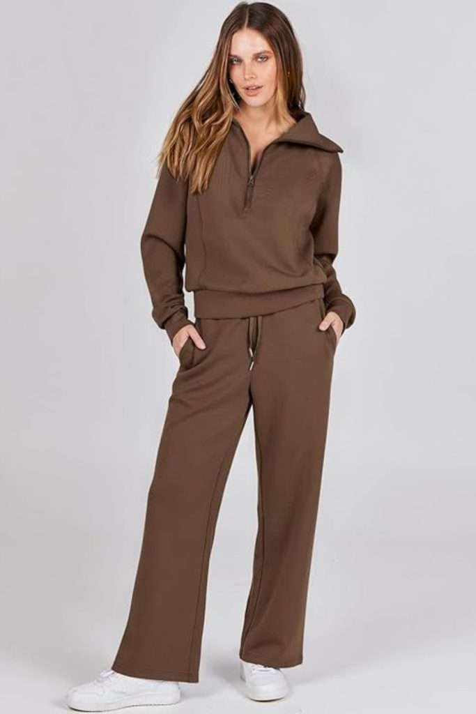 ANRABESS Women 2 Piece Outfits Sweatsuit Set 2023 Fall Oversized Half Zip Sweatshirt Wide Leg Sweatpant Lounge Set Tracksuit
