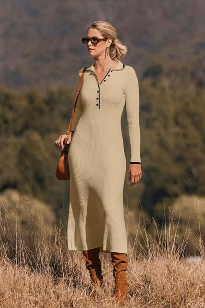 MEROKEETY Women's Long Sleeve V Neck Sweater Dress Button Ribbed Knit Slim Fit Elegant Maxi Dresses
