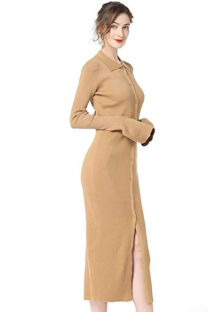 RanRui Women Long Sleeve Knit Dress Stripe Botton Down Knitted Dress Cardigan Sweater Dresses Ribbed Knit Bodycon Maxi Dress
