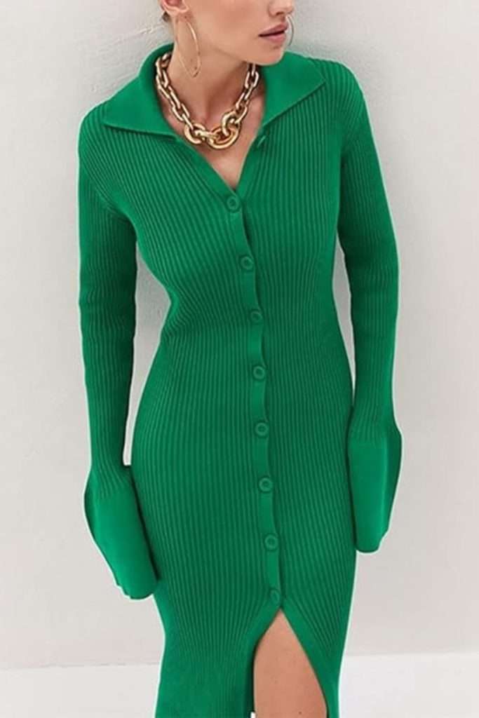 RanRui Women Long Sleeve Knit Dress Stripe Botton Down Knitted Dress Cardigan Sweater Dresses Ribbed Knit Bodycon Maxi Dress
