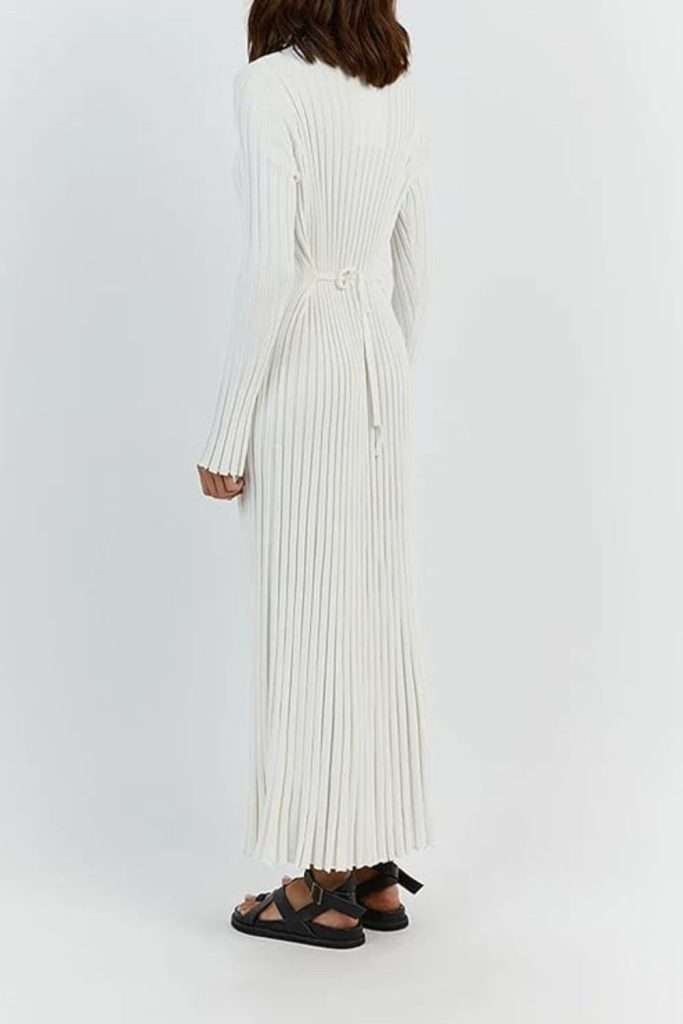 SAFRISIOR Women Long Sleeve Ruched Pleated Ribbed Knit Maxi Long Dress Crew Neck Bodycon Ruffle Trim Y2K Sweater Dress
