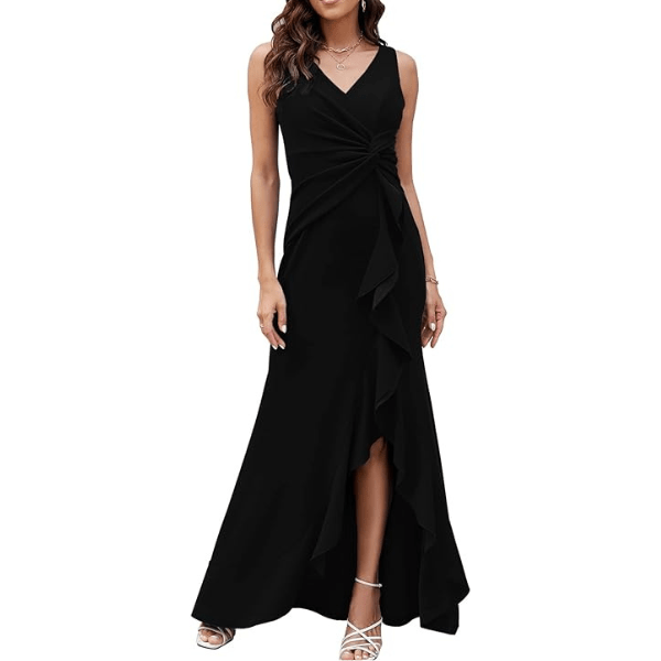 FQA Long Black Evening Gowns for Women Formal Dresses for Women Evening Party Elegant V Neck Sleeveless Split Wrap
