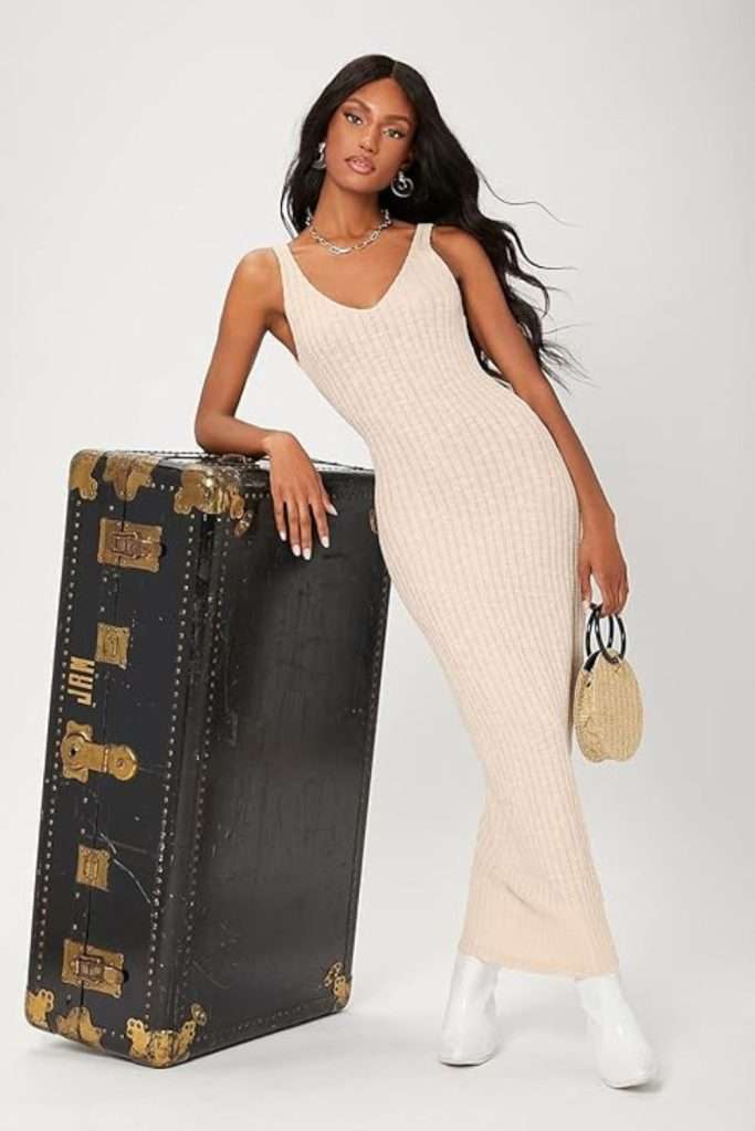 Floerns Women's Solid V Neck Sleeveless Sheer Rib Knit Bodycon Maxi Tank Sweater Dress
