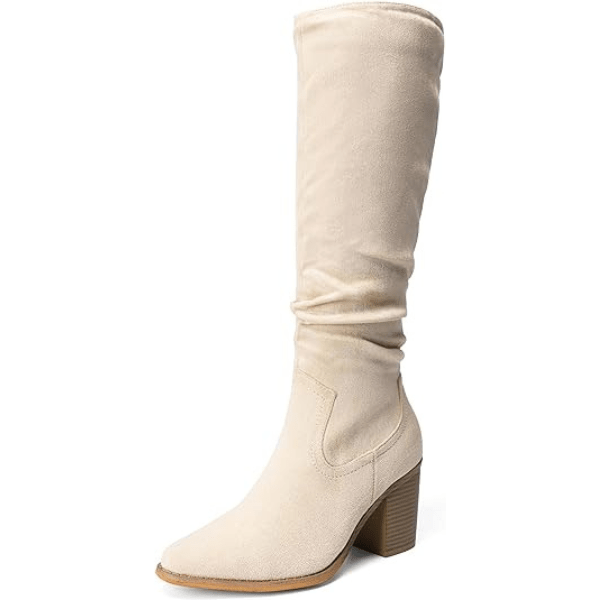 DREAM PAIRS Women's Knee-High Boots, Comfortable Chunky Block Heel Pointed Toe Pull On Side Zipper Suede Slouch Riding Boots
