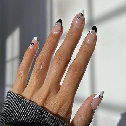 medium black and white almond nail set