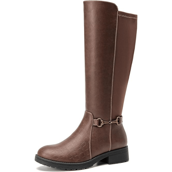 CentroPoint Women's Stretch Knee High Boot Fashion Extra Wide Calf Winter Boots Ladies Low Block Heel Elastic Chain Booties
