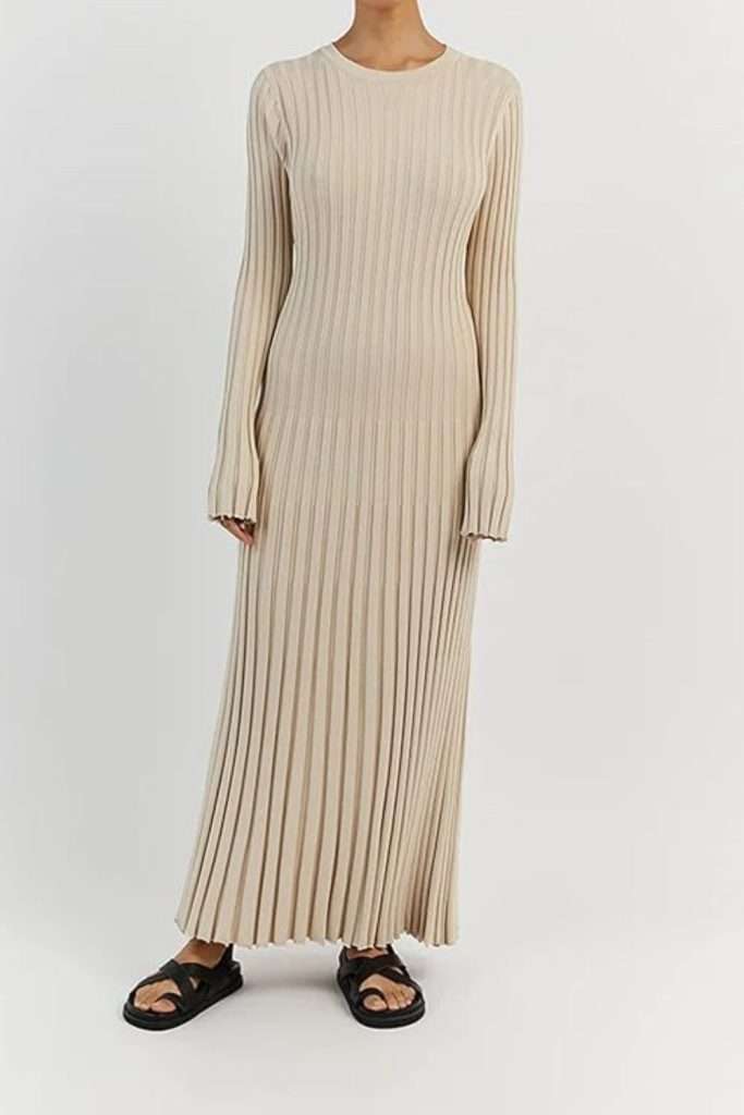 SAFRISIOR Women Long Sleeve Ruched Pleated Ribbed Knit Maxi Long Dress Crew Neck Bodycon Ruffle Trim Y2K Sweater Dress
