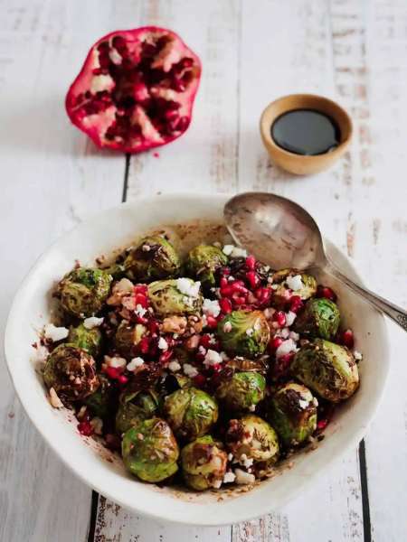 Crispy Air Fryer Brussel Sprouts With Feta, Pomegranate, And Balsamic