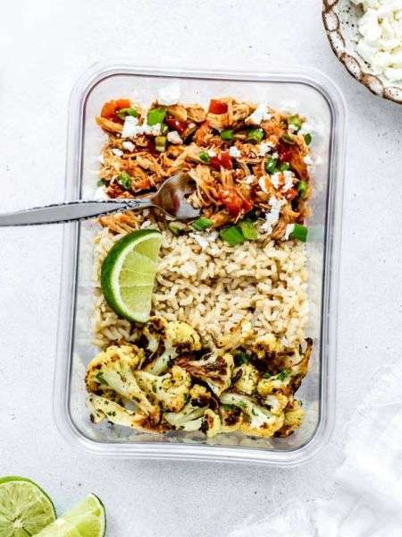 Pulled Buffalo Chicken and Rice Meal Prep
