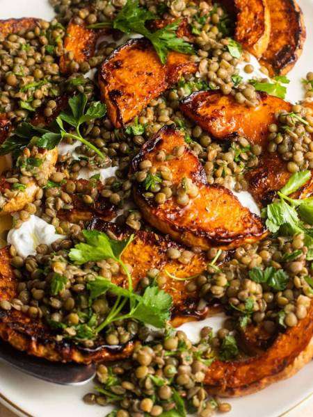Spiced Squash with Labneh, Lentils, and Herbs
