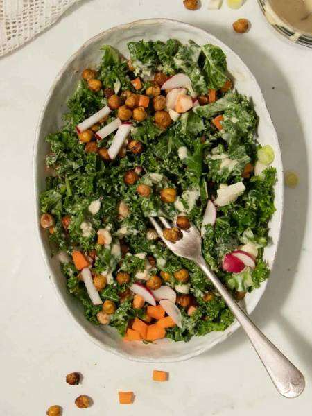 Kale Salad with Tahini Dressing & Roasted Chickpeas
