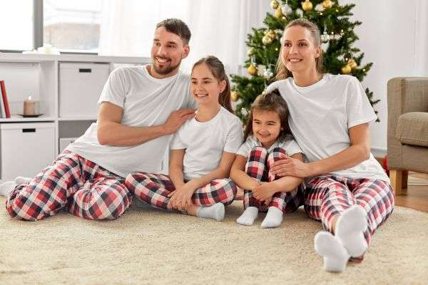 Family having a Christmas slumber party