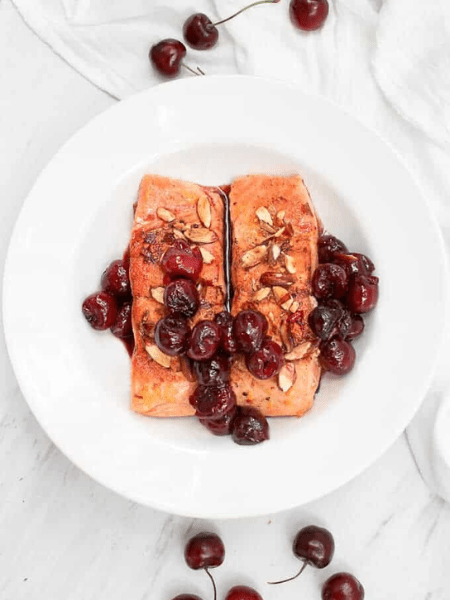 PAN-SEARED SALMON WITH CHERRY ALMOND SAUCE
