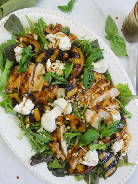 GRILLED PEACH AND BURRATA SALAD WITH CHICKEN
