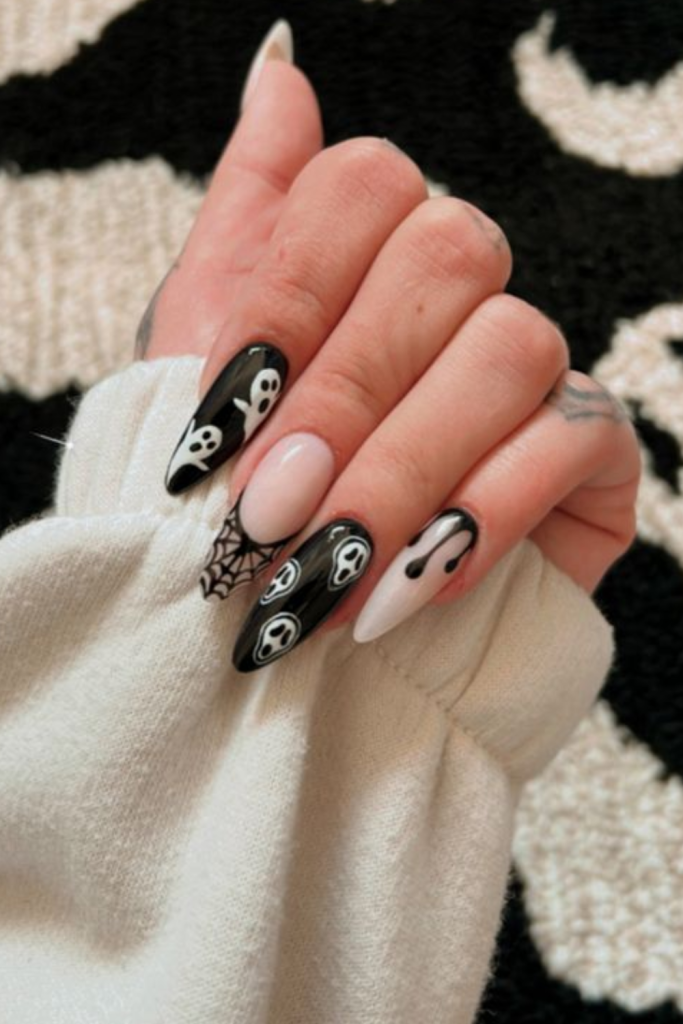 black and white Halloween nails
