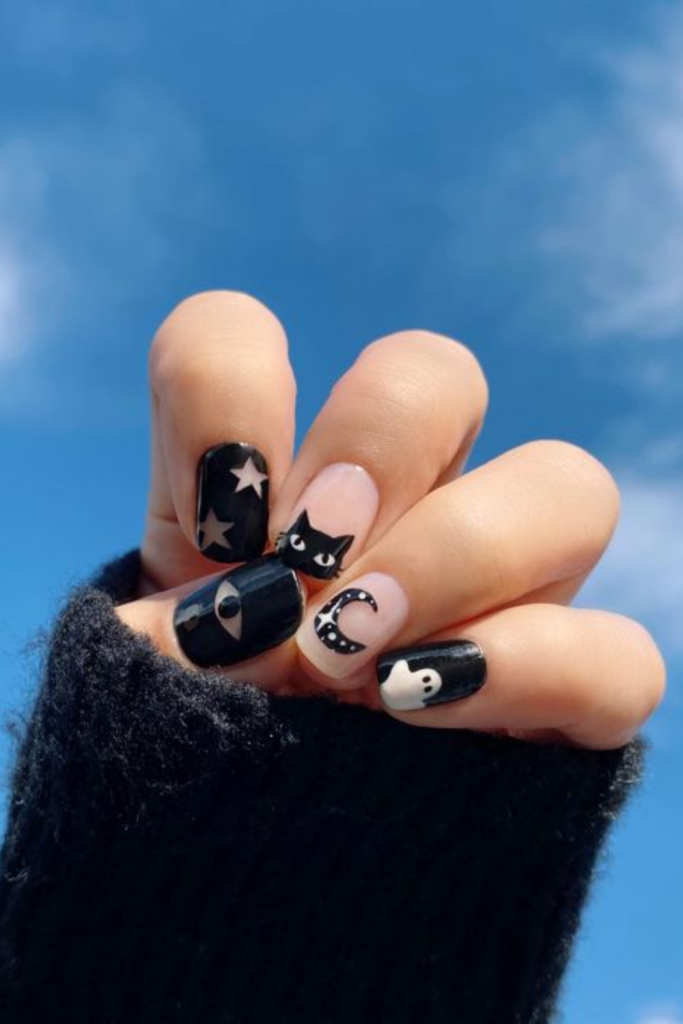 black and white Halloween nails