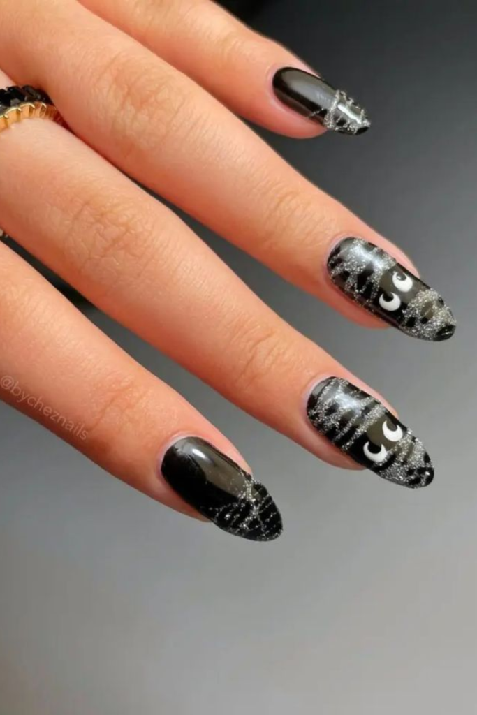 black and white Halloween nails