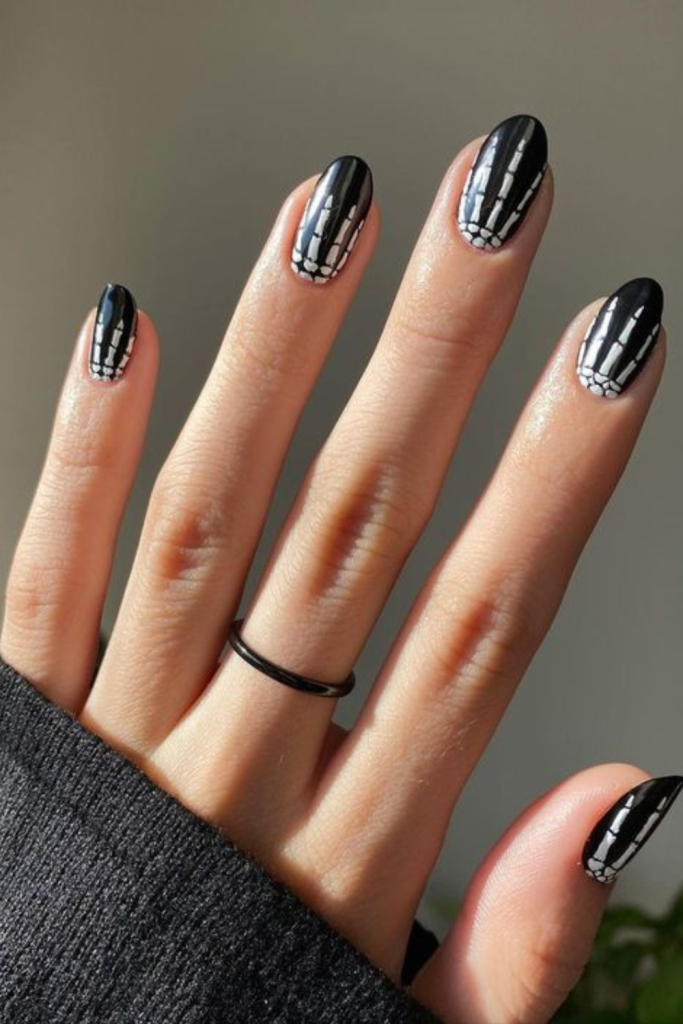 black and white Halloween nails