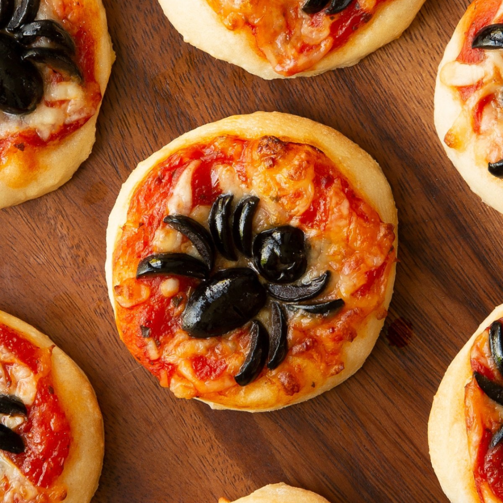 Mini Halloween Spider Pizzas
