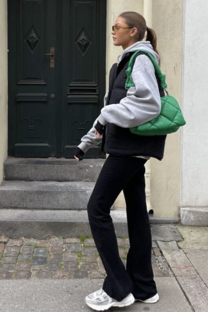 Grey Hoodie + Puffer Vest and flare pants
