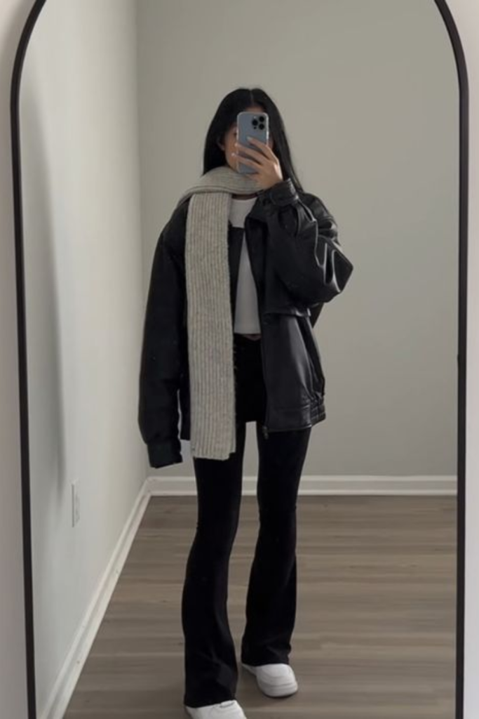 Leather Jacket + White Sneakers
 and black flare pants
