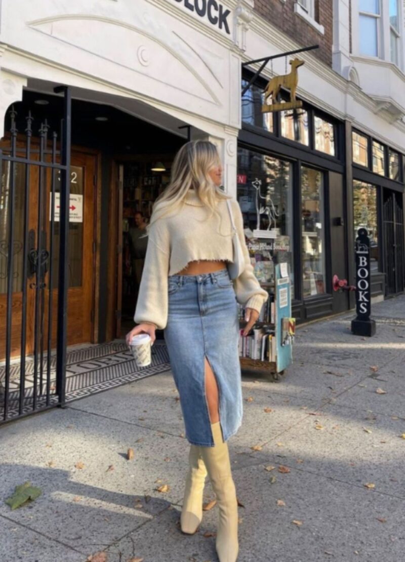 long denim skirt outfits